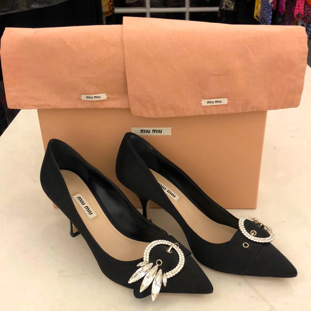 Miu Miu Black Satin Rhinestone Embellished Buckle Pump. Size 8.5.